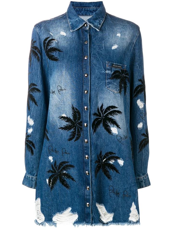 Philipp Plein Embellished Palm Tree Denim Shirt - Blue
