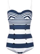 Dolce & Gabbana - Striped Button Front Swimsuit - Women - Polyamide/spandex/elastane - 2, White, Polyamide/spandex/elastane