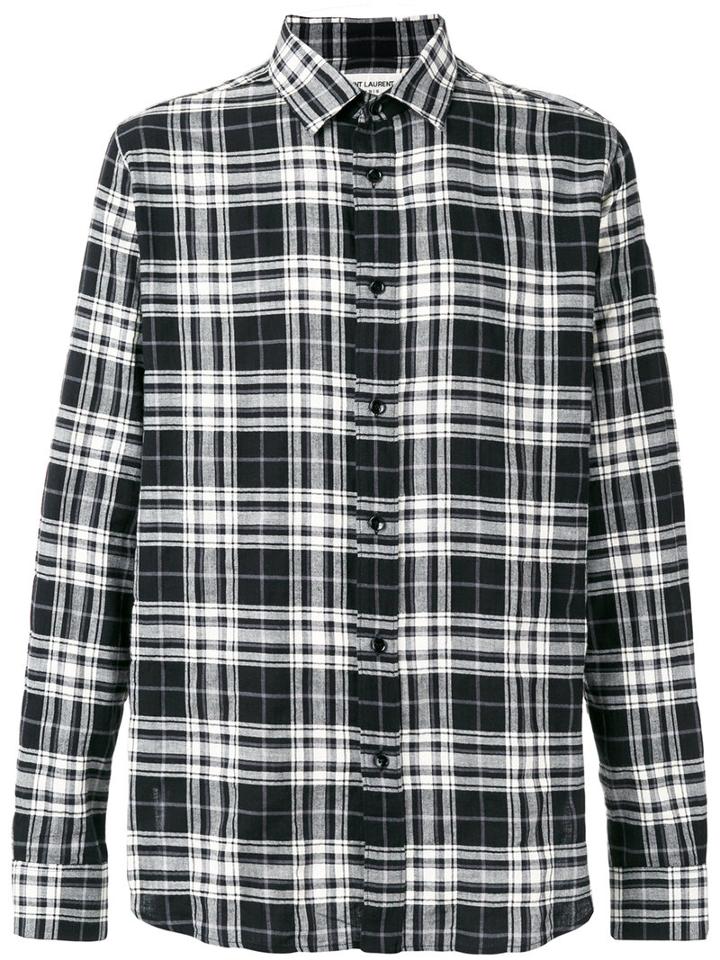 Saint Laurent Signature Yves Collar Plaid Shirt, Men's, Size: 42, Black, Cotton/polyurethane
