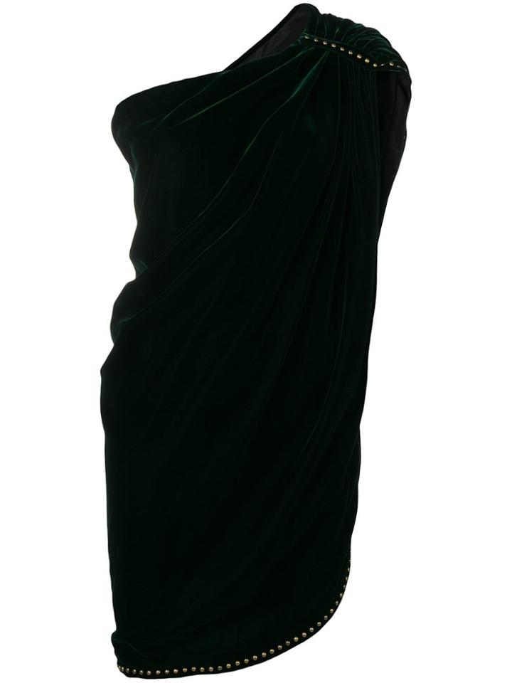 Saint Laurent Studded One Shoulder Velvet Mini Dress - Green