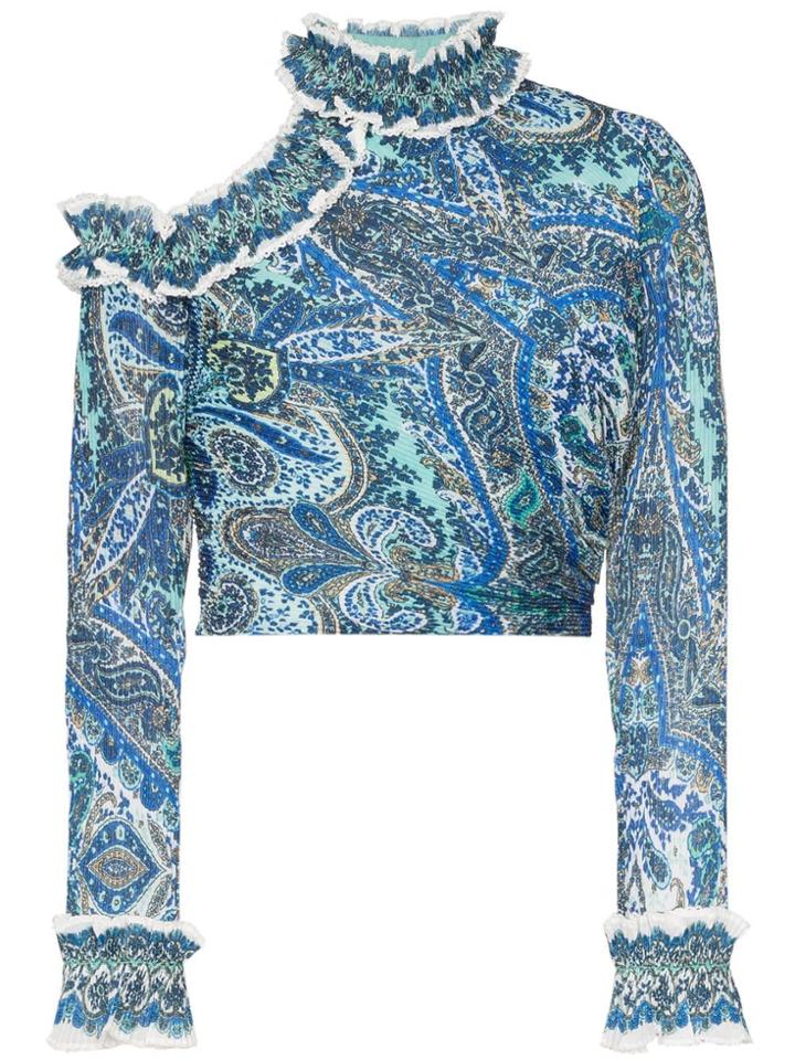 Zimmermann High-neck Cut-out Ruffle Detail Cropped Blouse - Blue