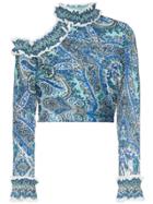 Zimmermann High-neck Cut-out Ruffle Detail Cropped Blouse - Blue