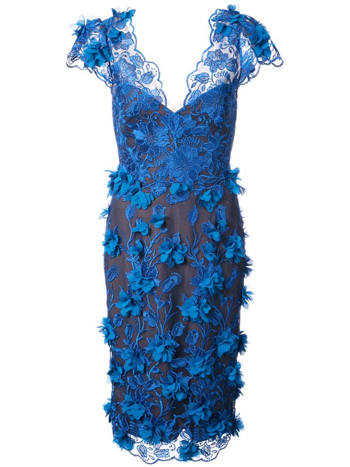 Marchesa Notte Embellished V-neck Dress - Blue