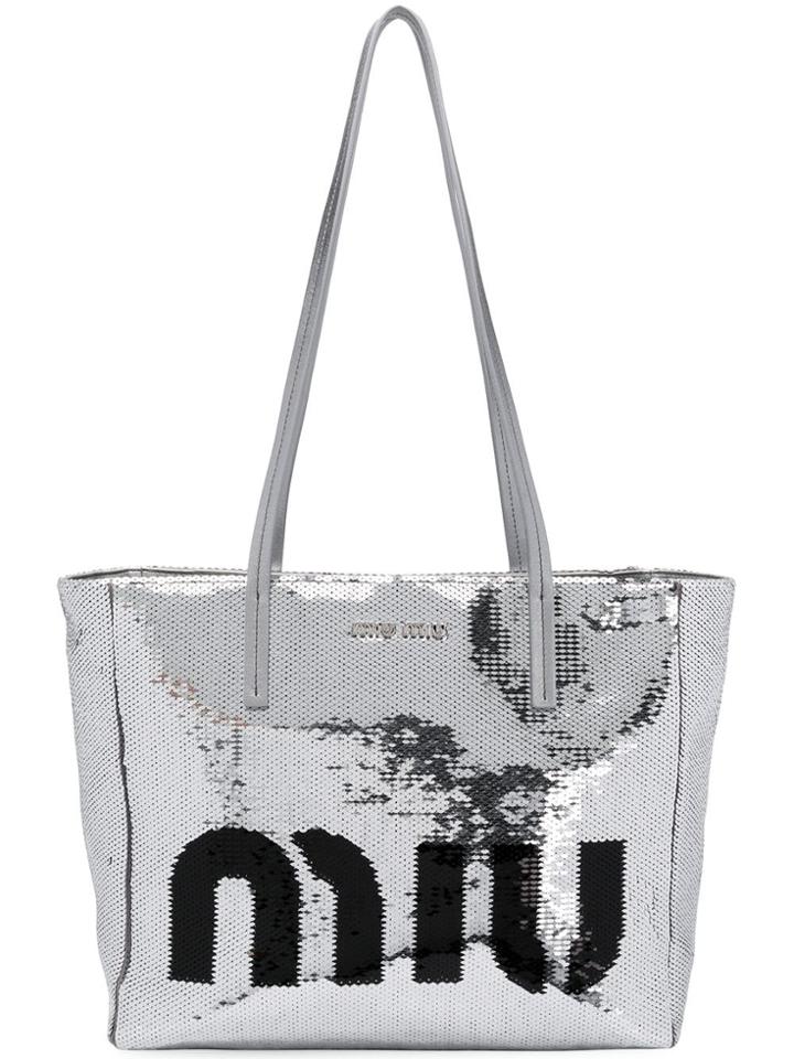 Miu Miu Logo Sequin Tote Bag - Silver