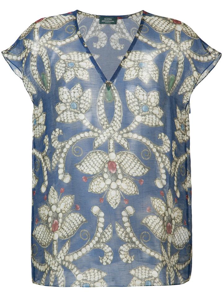 Alena Akhmadullina - Floral V-neck Blouse - Women - Silk/linen/flax - 44, Blue, Silk/linen/flax