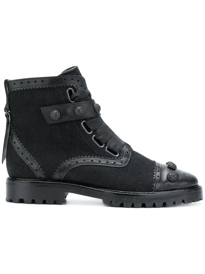 Rue St Punch Hole And Button Detailed Ankle Boots - Black