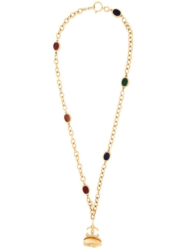 Chanel Vintage Cc Logo Stone Chain Necklace, Women's, Metallic