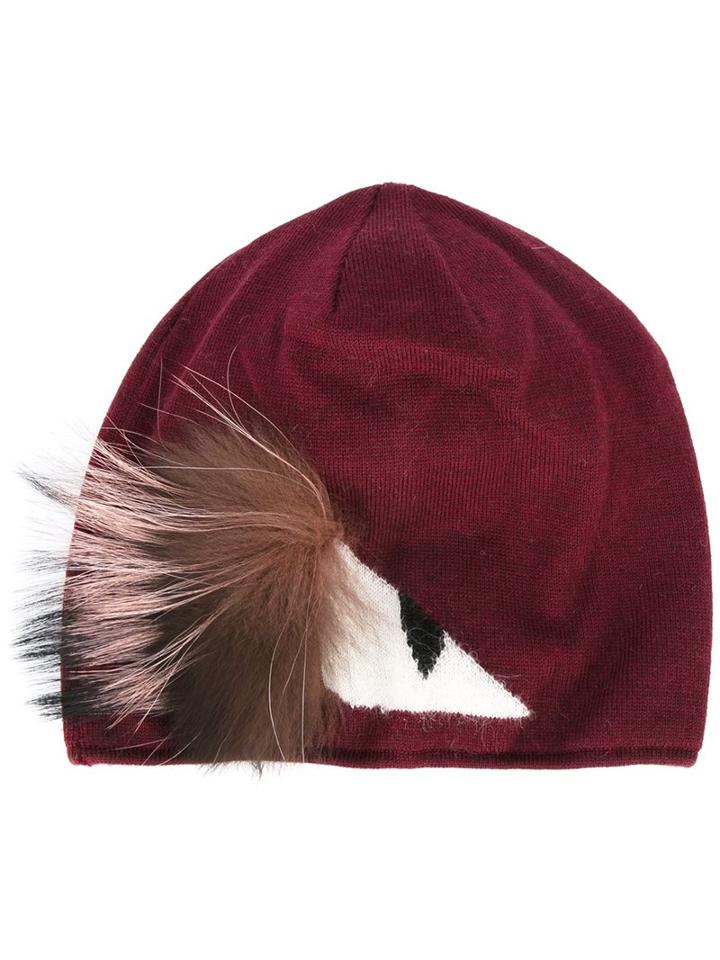 Fendi Bag Bugs Beanie, Women's, Red, Fox Fur/wool