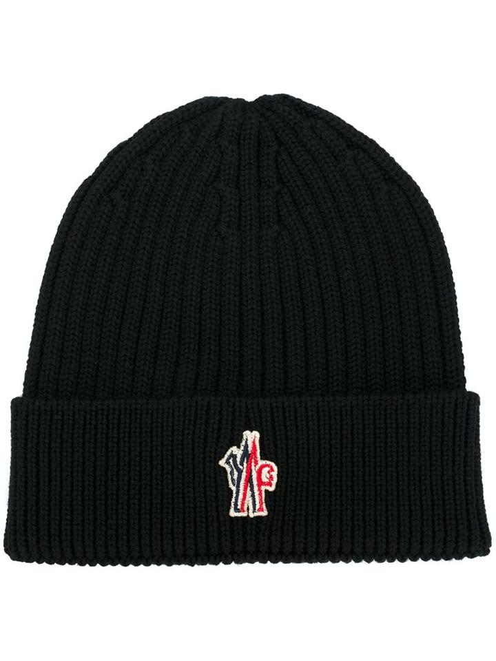 Moncler Grenoble Logo Plaque Ribbed Beanie, Men's, Black, Wool/virgin Wool