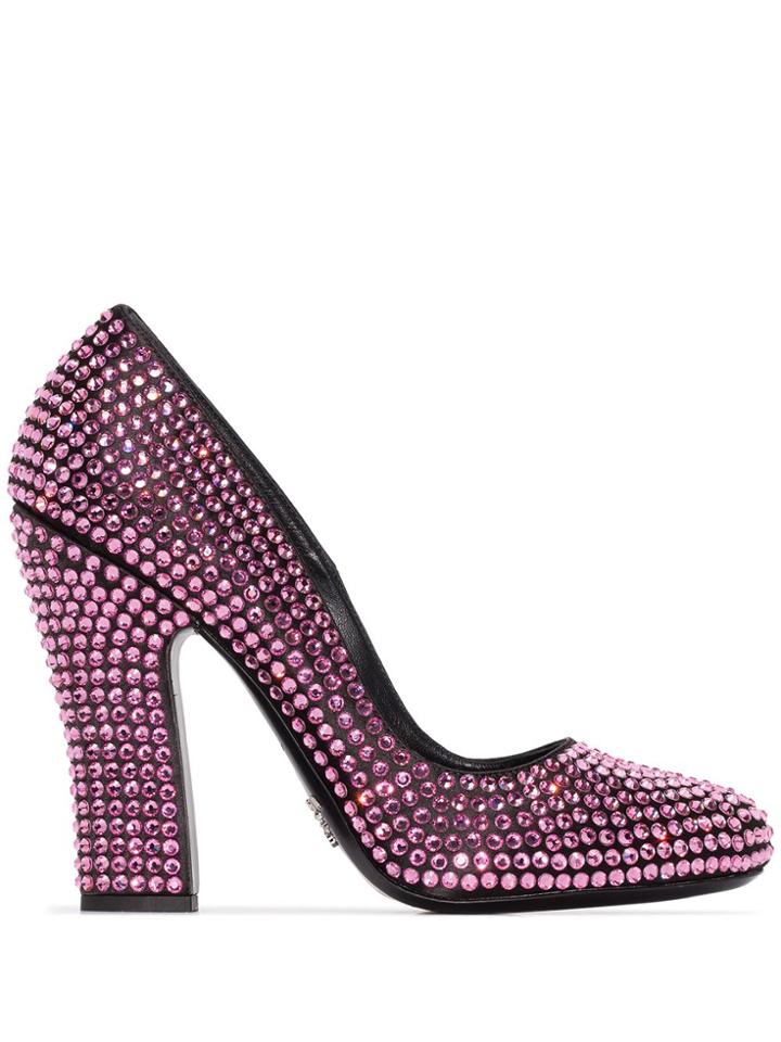 Prada Pink And Black Crystal Embellished 105 Leather Pumps