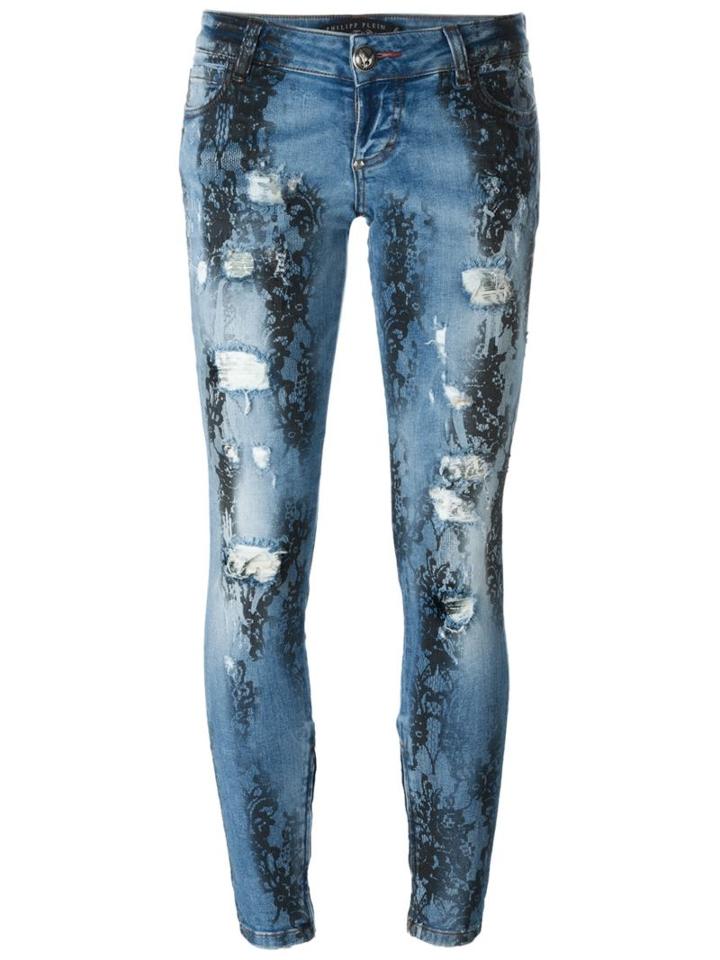Philipp Plein Lace Print Skinny Jeans, Women's, Size: 29, Blue, Cotton/spandex/elastane/polyester