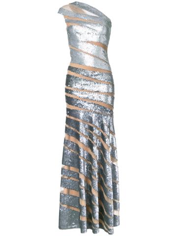 Jean Fares Couture Sequined Panelled Mermaid Gown - Metallic