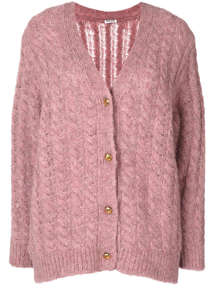 Miu Miu V-neck Cable Knit Cardigan - Pink & Purple