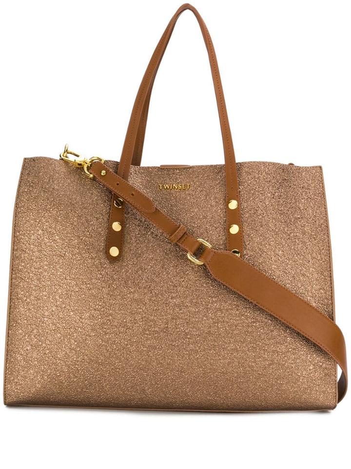 Twin-set Glitter Logo Tote - Brown