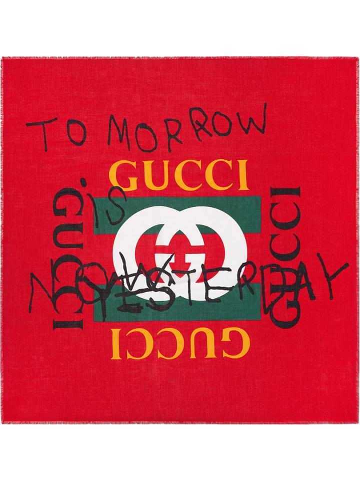 Gucci Red Coco Capitán Logo Silk Shawl
