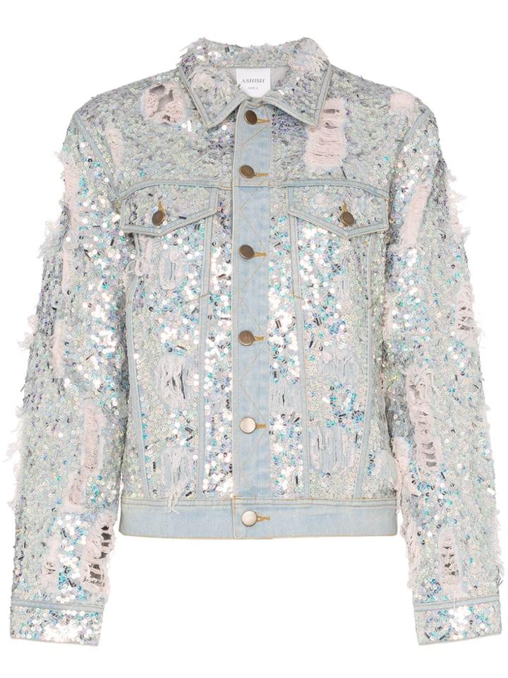 Ashish Sequin Embellished Ripped Denim Jacket - Metallic