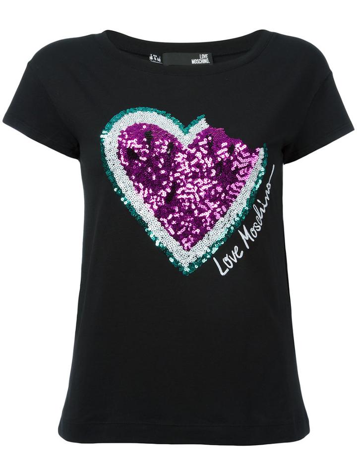Love Moschino - Sequinned Heart T-shirt - Women - Cotton/spandex/elastane - 42, Black, Cotton/spandex/elastane