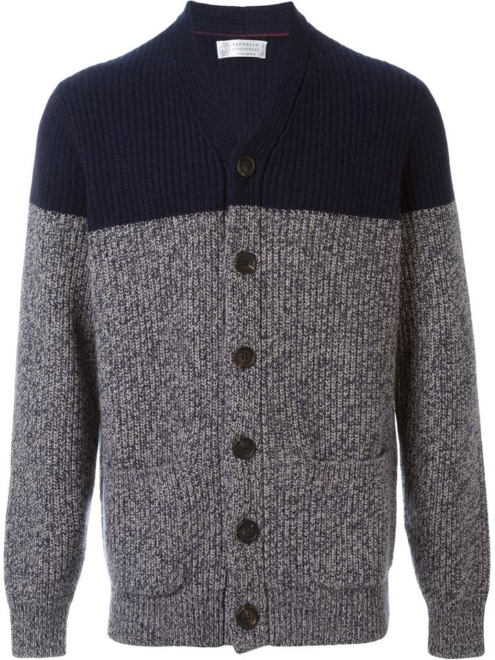 Brunello Cucinelli Cashmere Colour Block Cardigan, Men's, Size: 54, Blue, Cashmere