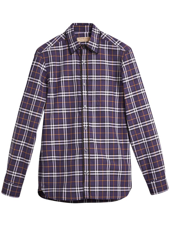 Burberry Embroidered Detail Check Cotton Shirt - Blue