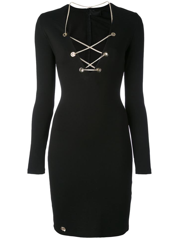 Philipp Plein - Chain Lace-up Mini Dress - Women - Polyester/spandex/elastane/viscose - M, Black, Polyester/spandex/elastane/viscose