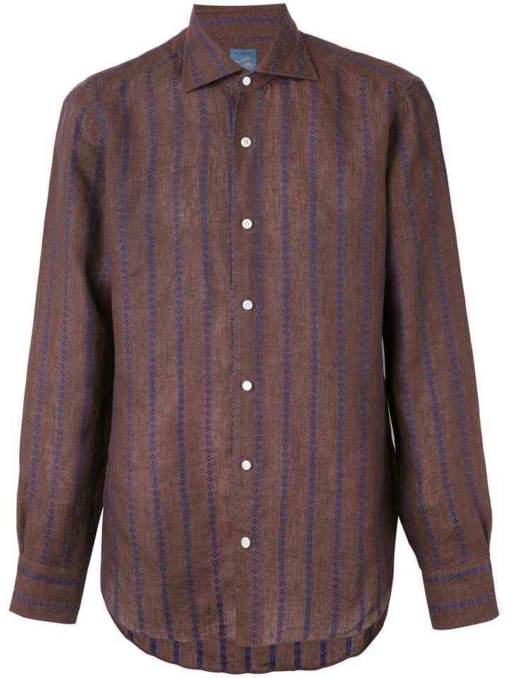 Barba - Embroidered Stripe Shirt - Men - Linen/flax - 43, Brown, Linen/flax