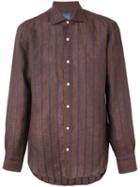 Barba - Embroidered Stripe Shirt - Men - Linen/flax - 43, Brown, Linen/flax