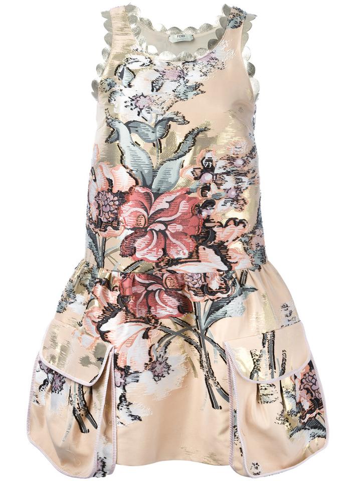 Fendi Floral Print Dress, Women's, Size: 40, Nude/neutrals, Cotton/polyester/metallic Fibre/silk