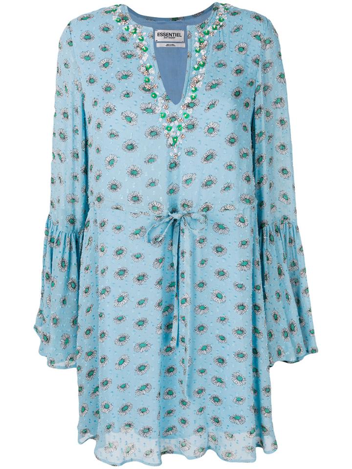Essentiel Antwerp Embroidered Paisley Bell Sleeve Mini Dress - Blue