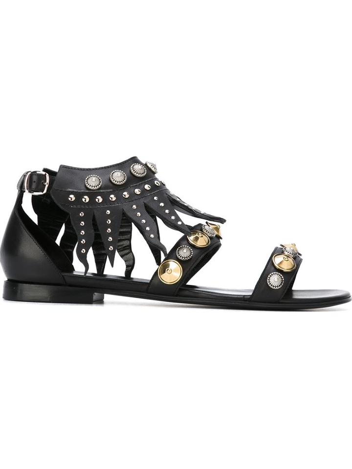 Fausto Puglisi Studded Sandals With Fringe Detail, Women's, Size: 36, Black, Leather/nappa Leather/metal