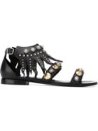 Fausto Puglisi Studded Sandals With Fringe Detail, Women's, Size: 36, Black, Leather/nappa Leather/metal