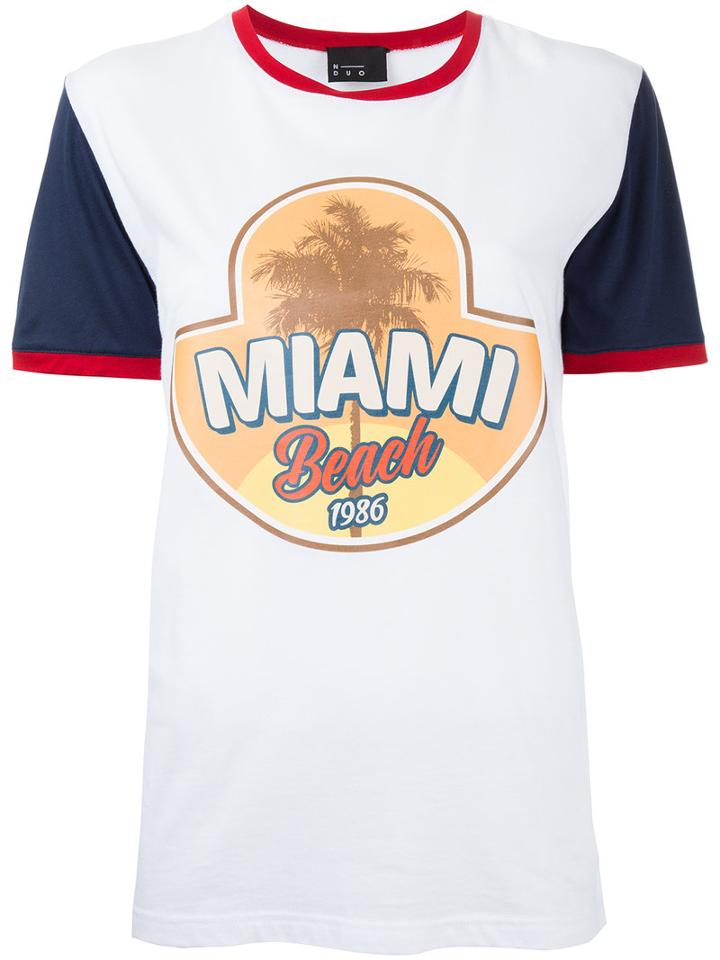 N Duo - 'miami Beach' Print T-shirt - Women - Cotton/spandex/elastane - 40, White, Cotton/spandex/elastane