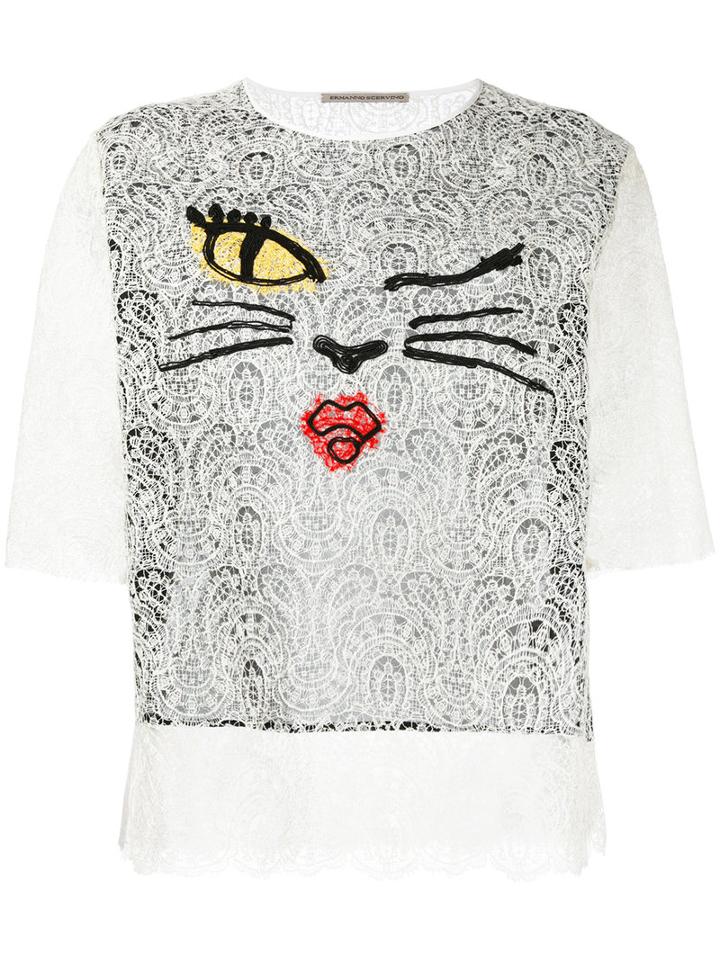 Ermanno Scervino Cat Face Lace Top, Women's, Size: 40, White, Silk/polyamide/viscose