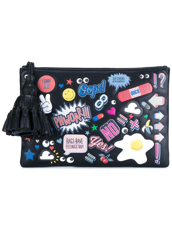 Anya Hindmarch Leather Sticker Clutch Bag, Women's, Black