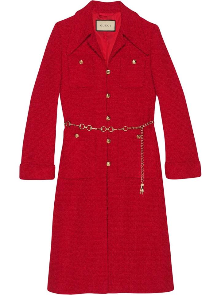 Gucci Tweed Coat With Horsebit Belt - Red