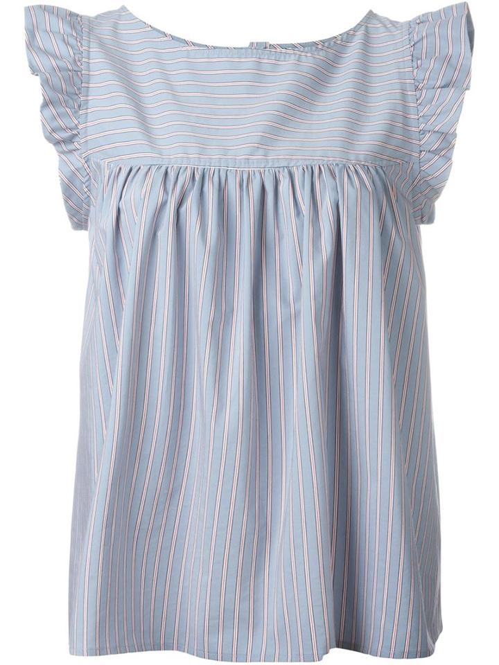 Paul & Joe Ruffle Sleeve Pleated Pinstriped Tank Top