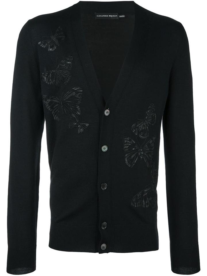 Alexander Mcqueen Butterfly Embroidered Cardigan, Men's, Size: Medium, Black, Silk/polyester/viscose/wool