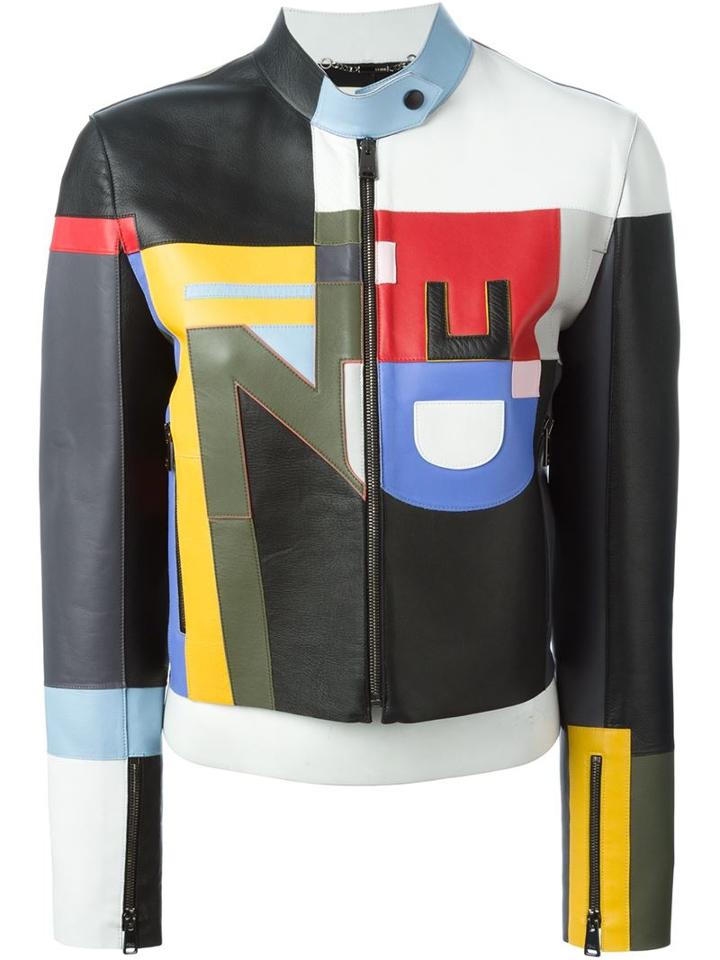 Fendi Logo Patchwork Jacket, Women's, Size: 40, Lamb Skin/polyamide/spandex/elastane