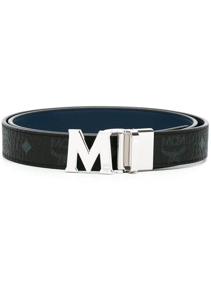 Mcm Logo Print Belt, Women's, Black, Leather/metal