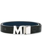 Mcm Logo Print Belt, Women's, Black, Leather/metal