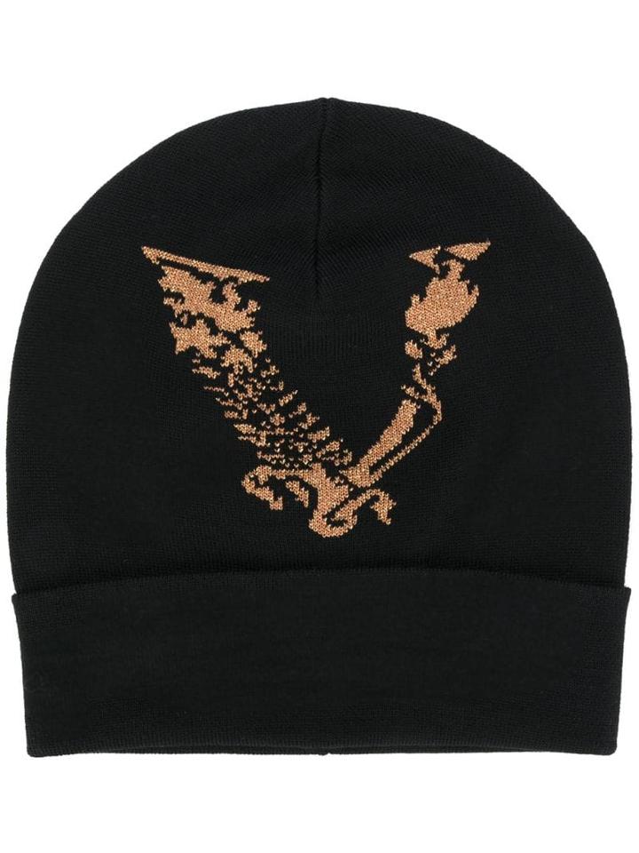 Versace Metallic Logo Knit Beanie Hat - Black