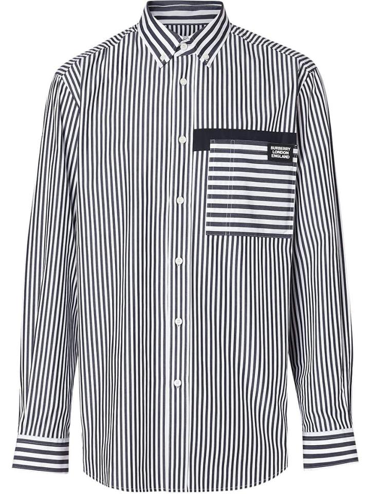 Burberry Logo Detail Contrast Stripe Cotton Shirt - Blue