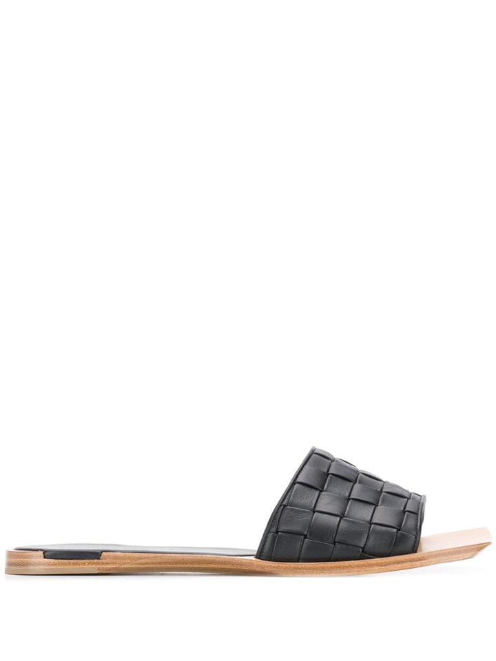 Bottega Veneta Square Toe Intrecciato Slides - Black