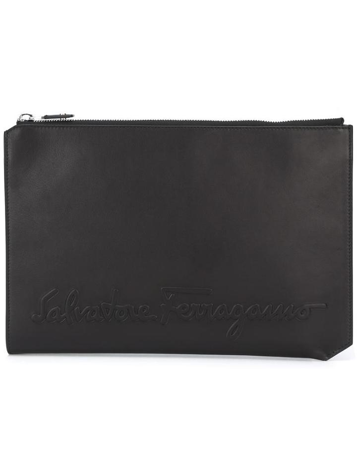 Salvatore Ferragamo Logo Embossed Clutch, Men's, Black, Calf Leather