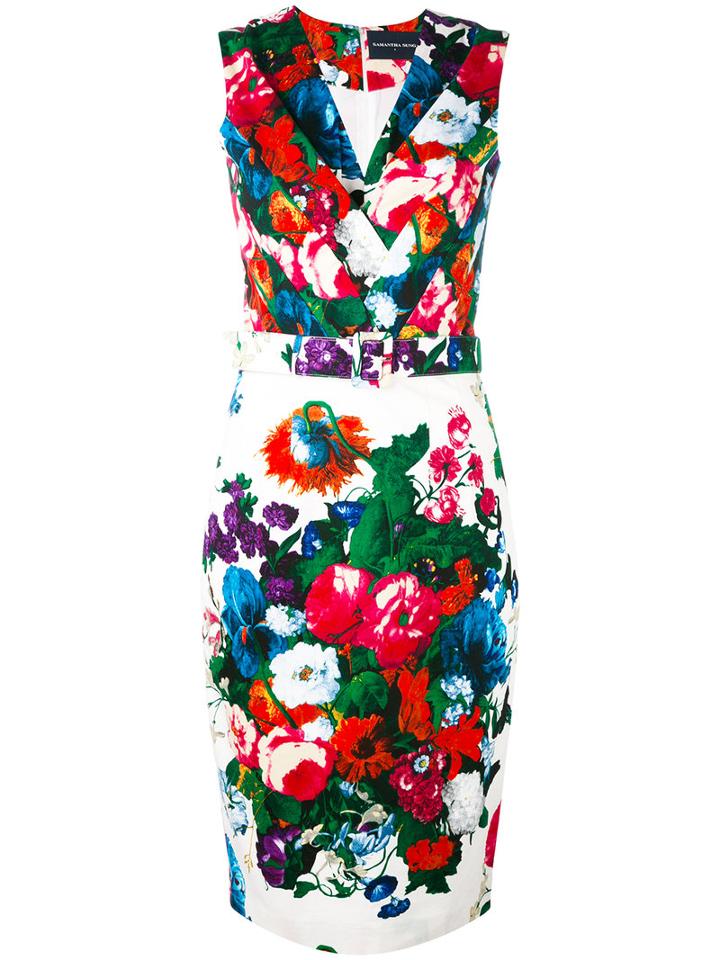 Samantha Sung - Belted Floral Pencil Dress - Women - Cotton/spandex/elastane - S, Black, Cotton/spandex/elastane