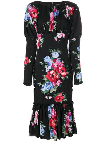 Dolce & Gabbana Rose Print Puffy Sleeve Dress - Black