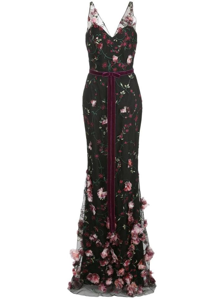 Marchesa Notte 3d Floral Embroidered Flair Gown - Black