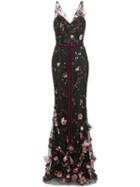 Marchesa Notte 3d Floral Embroidered Flair Gown - Black