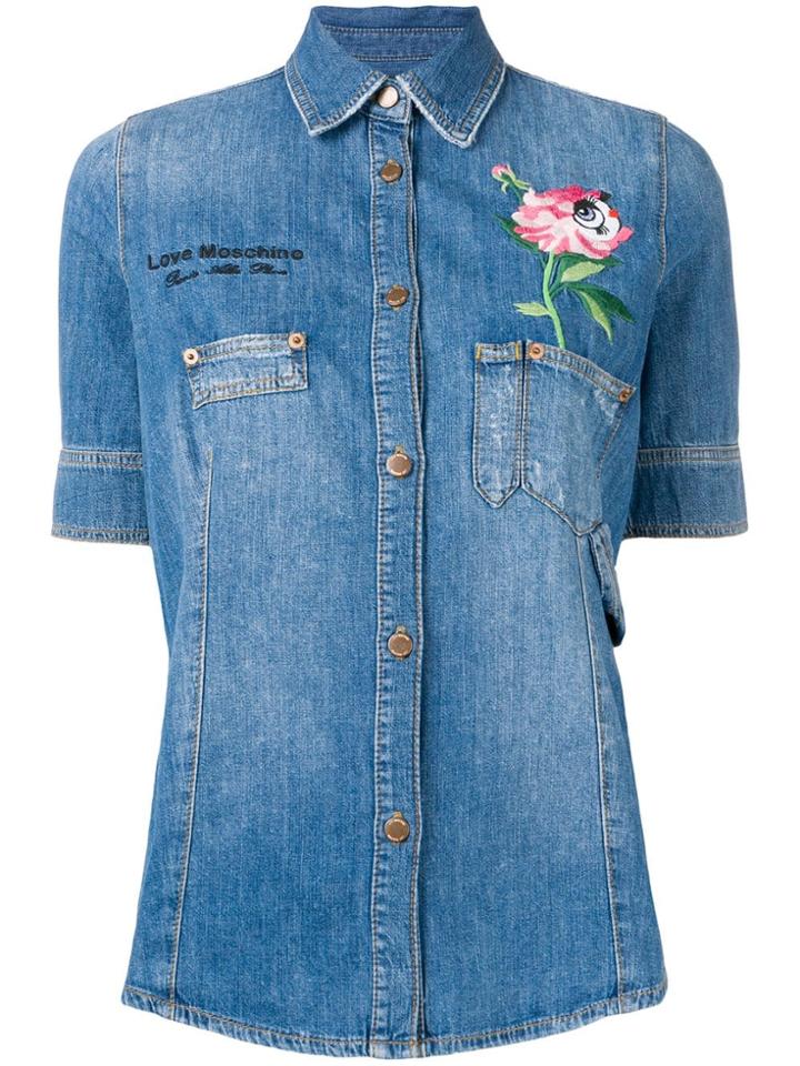 Love Moschino Floral Embroidered Denim Shirt - Blue