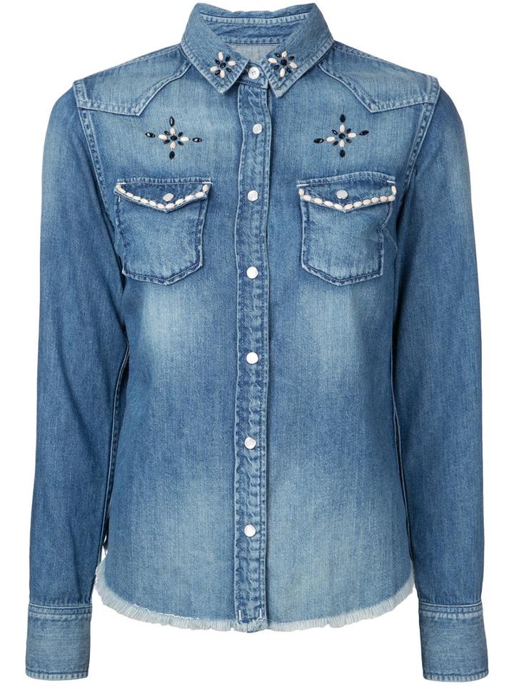 Roar - Denim Flower Detail Shirt - Women - Cotton - One Size, Blue, Cotton