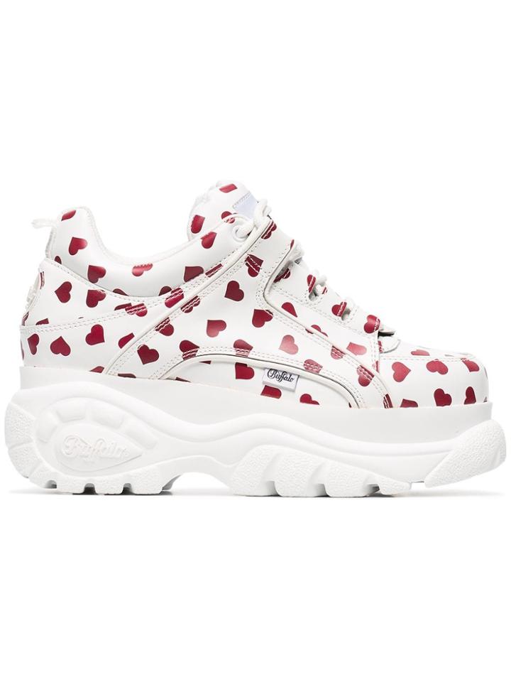 Buffalo White And Red Heart Print Cyber Platform Leather Sneakers